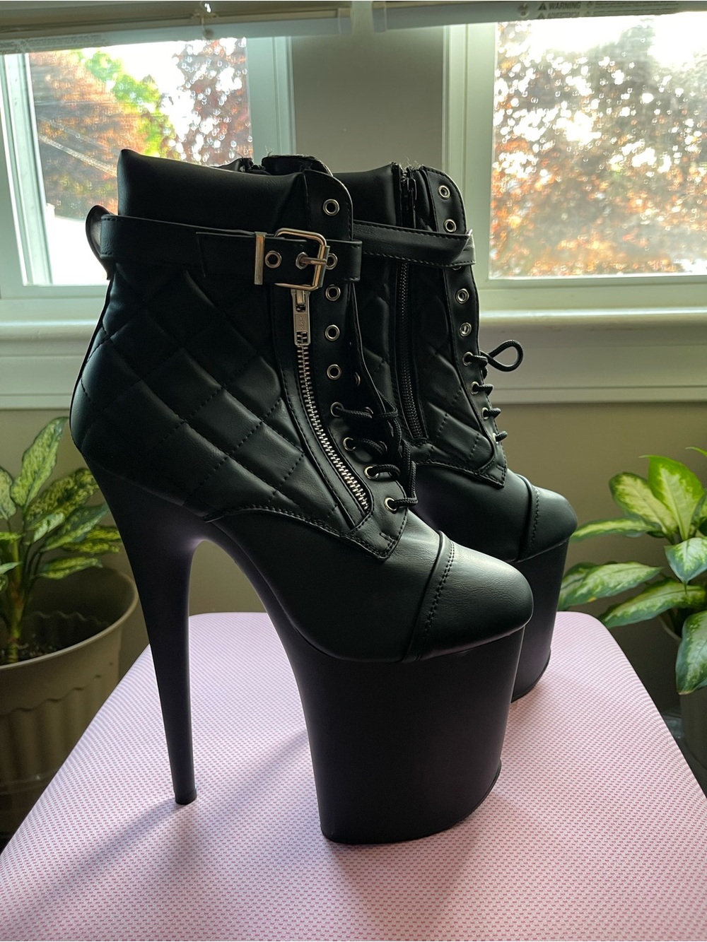 Pleaser Flamingo-800-05 Quilted Platform Ankle Booties - 8 Inch Heel, NIB